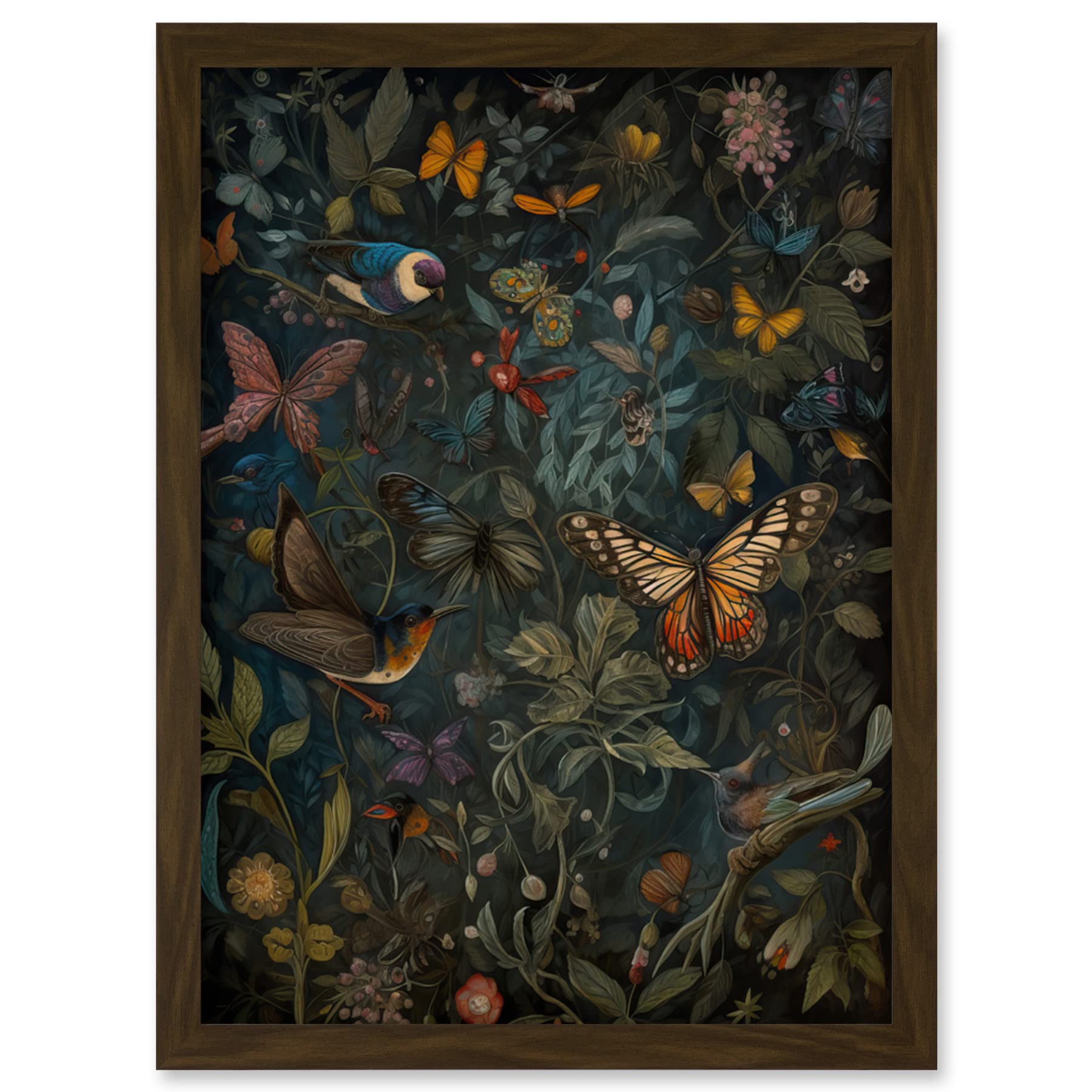Artery8 William Morris Style Plants Birds and Butterflies Artwork Framed Wall Art Print A4
