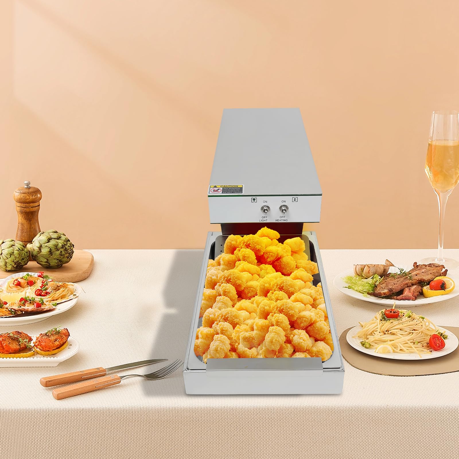 Chauffe-frites, 750 W, 80 °C, 56 x 33 x 46,5 cm, en acier inoxydable, avec lumière au tungstène, pour boulangeries, cafés, fêtes