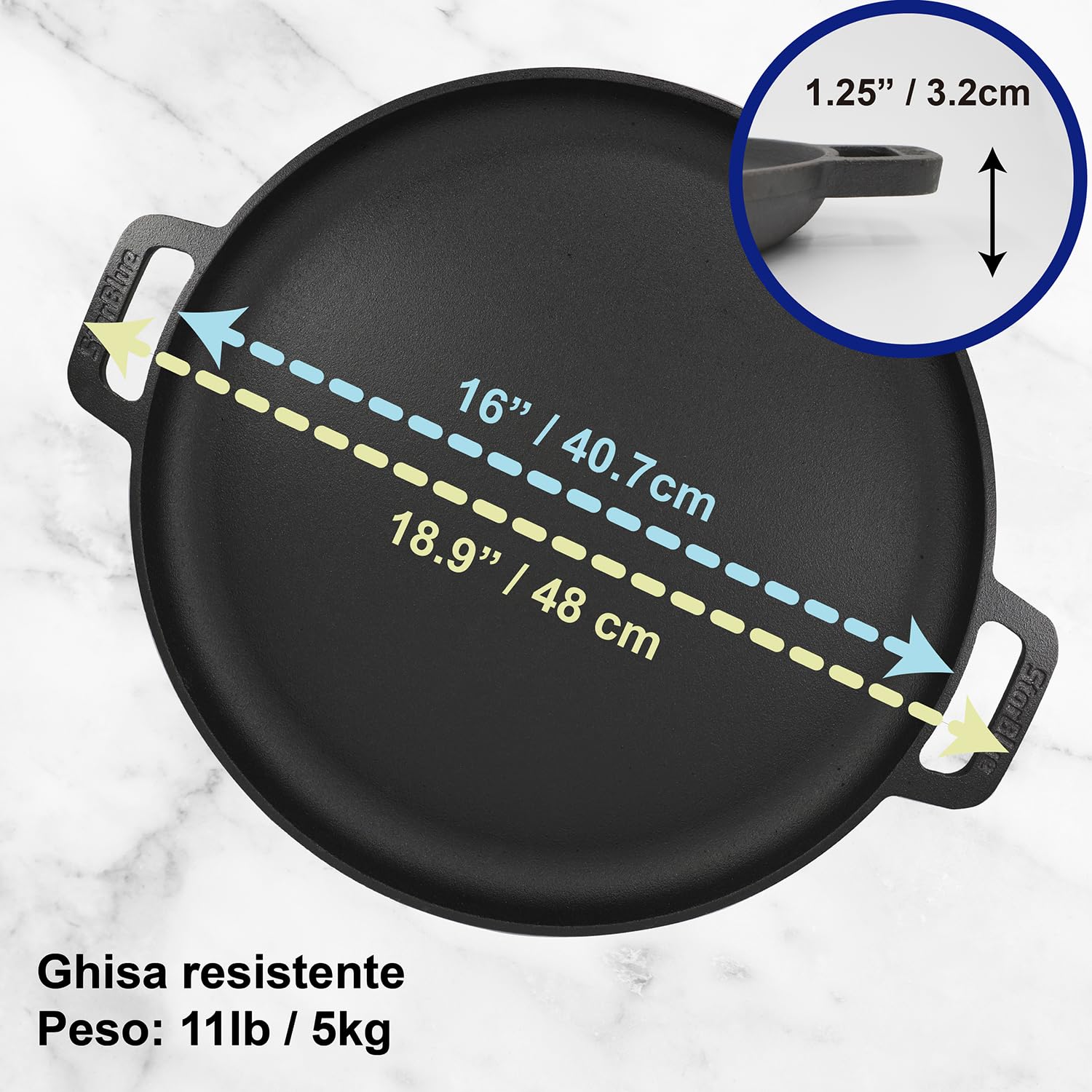 StarBlue Teglia per pizza in ghisa da 16 pollici con manici in silicone e 30 ricette Ebook, prestagionato, accessori per la cucina per gli amanti della pizza, cottura, griglia, barbecue, forno