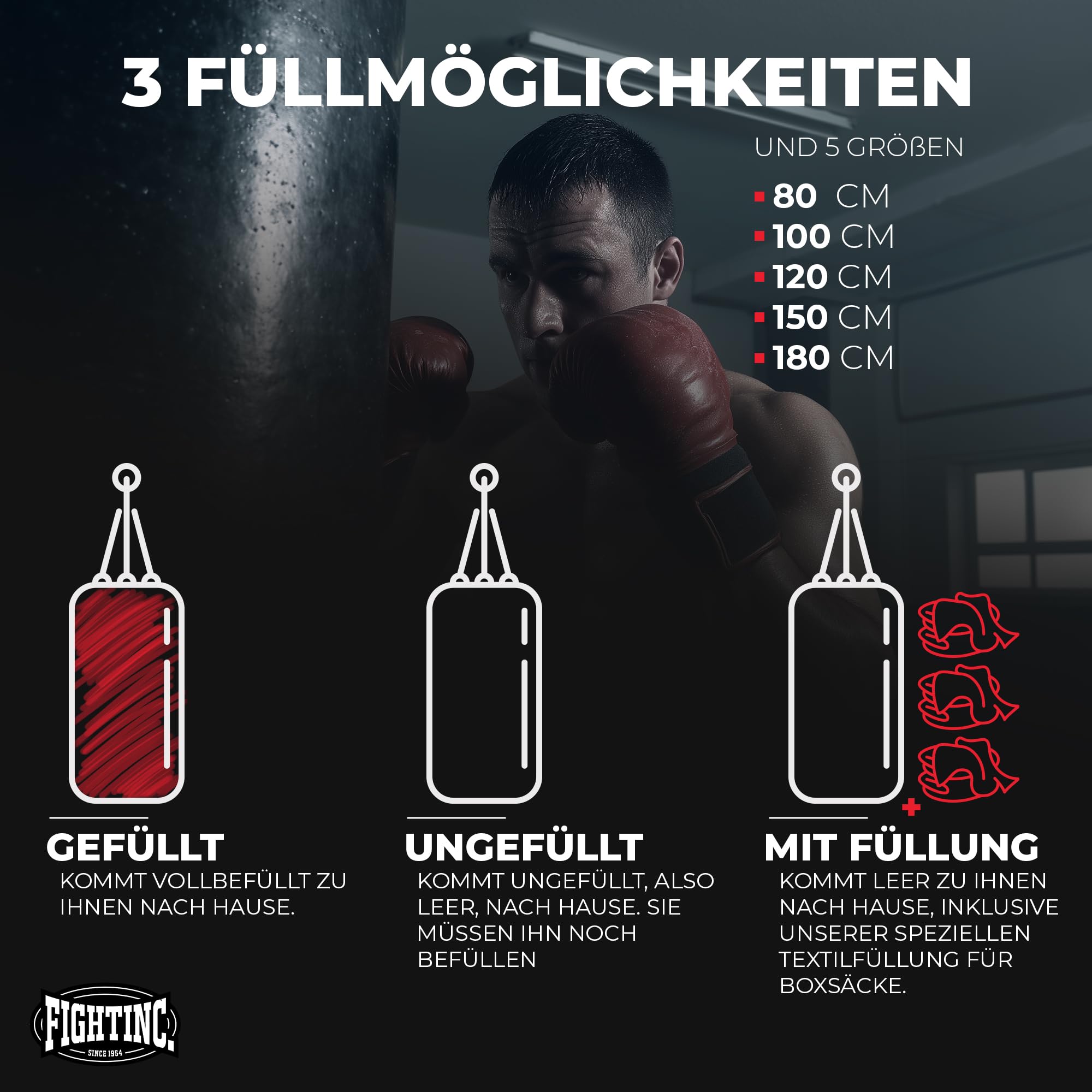 Boxsack Classic GEFÜLLT/UNGEFÜLLT/MIT FÜLLUNG 80 100 120 150 180 cm bis 55kg ideal für Jugend & Erwachsene Kampfsport Training 40 50 60kg