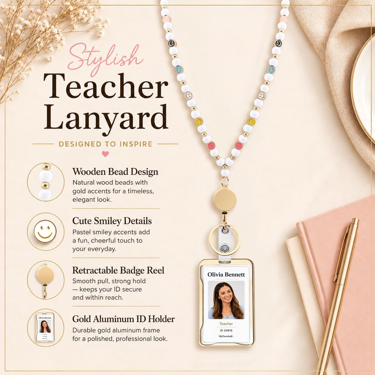 Smile Teacher Lanyard for Women with Retractable ID Badge Reel and Keychain Cute Happy Beads Lanyard thumbnail