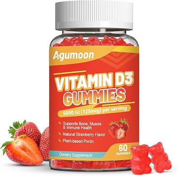 Vitamin D3 5000 IU 125mcg Gummies - Vitamin D Gummies for Adults, Support Immune, Bone, Muscle Health - Non-GMO, Gluten-Free, Dairy-Free, No Gelatin, 60 Count, Strawberry Flavor