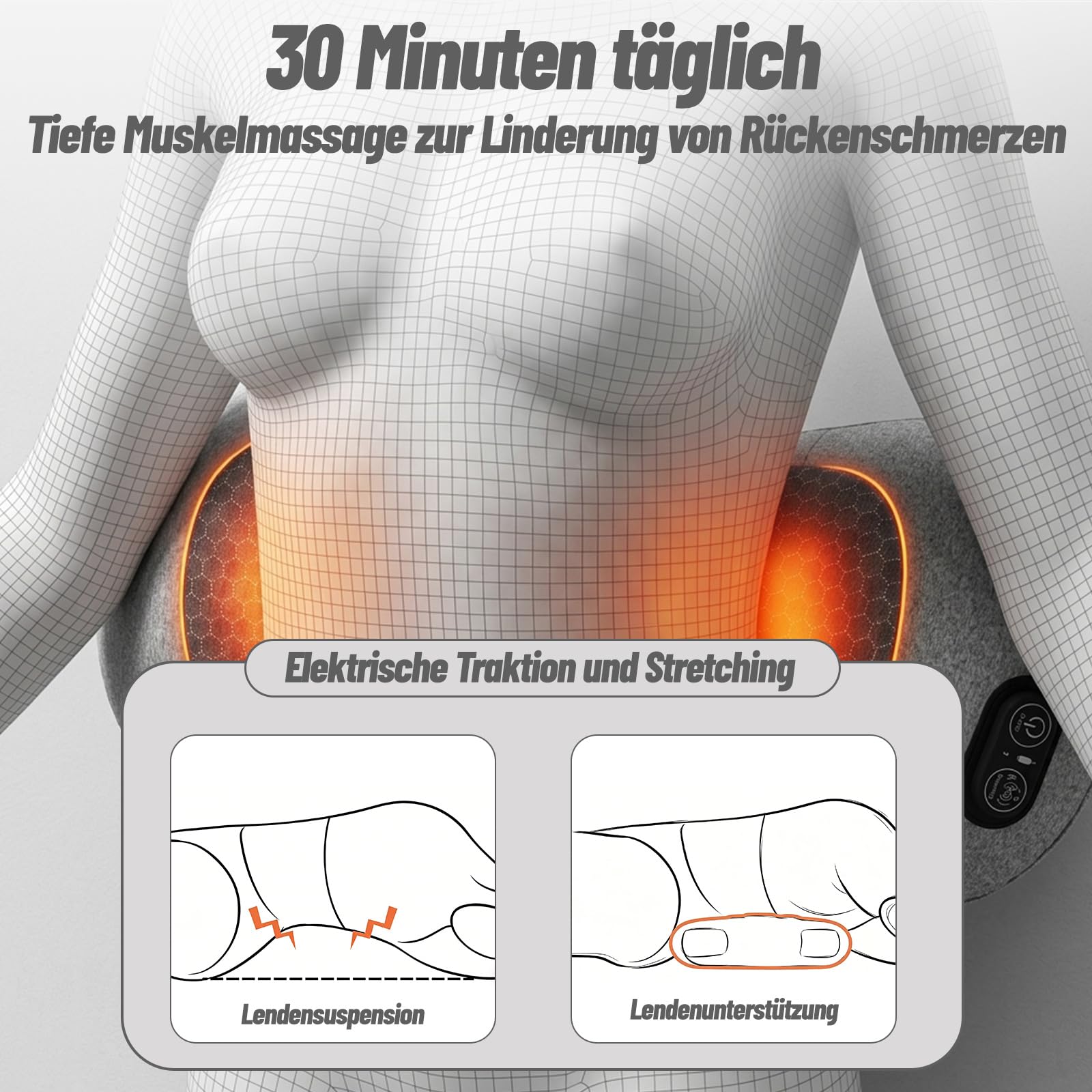 Rückenmassagegerät, 3-in-1 Massagekissen mit Wärme, Vibration & Dehnung, Lendenkissen & Massagegerät Rücken für Lendenwirbelsäule, Nacken, Bürostuhl, Home Sofa & Auto, Rückenkissen zur Entspannung