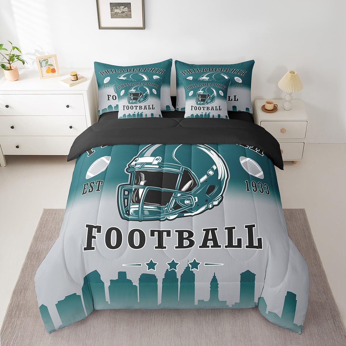 Erosebridal Football Comforter Set with Sheets American Soccer City Queen 7 Piece Bedding Set for Kids Teen Adults,Rugby Sports Green Grey Bed in A Bag Sports Competitive Games Bed Set - Image 2