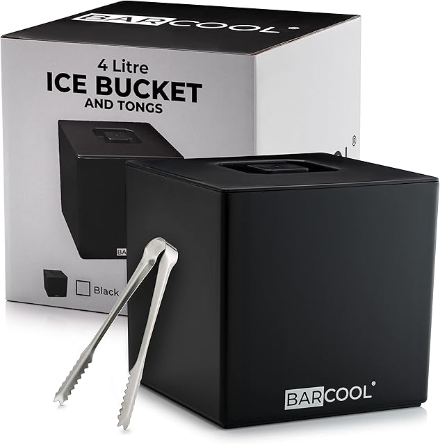 Barcool Ice Bucket with Lid and Ice Tongs | 4 Litre | Square & Double Walled Insulation | Perfect for Home Bars, Pubs, Restaurants, BBQs and Picnics (Black)