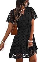 RUMIA Women's 2026 Summer V-Neck Eyelet Lace A-Line Short Dress - Breathable Wedding Guest & Beach Vacation Wear