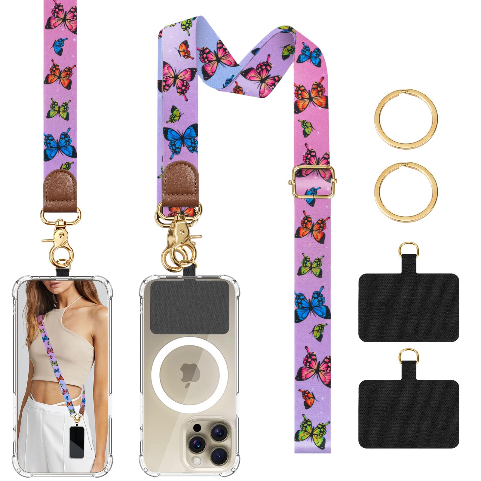 Timovo Unisex Colorful Butterfly Phone Lanyard Crossbody Wrist Strap, Adjustable Anti-Theft Strap For All Smartphone Case, Universal Cell Phone Neck Lanyard For Women And Men,