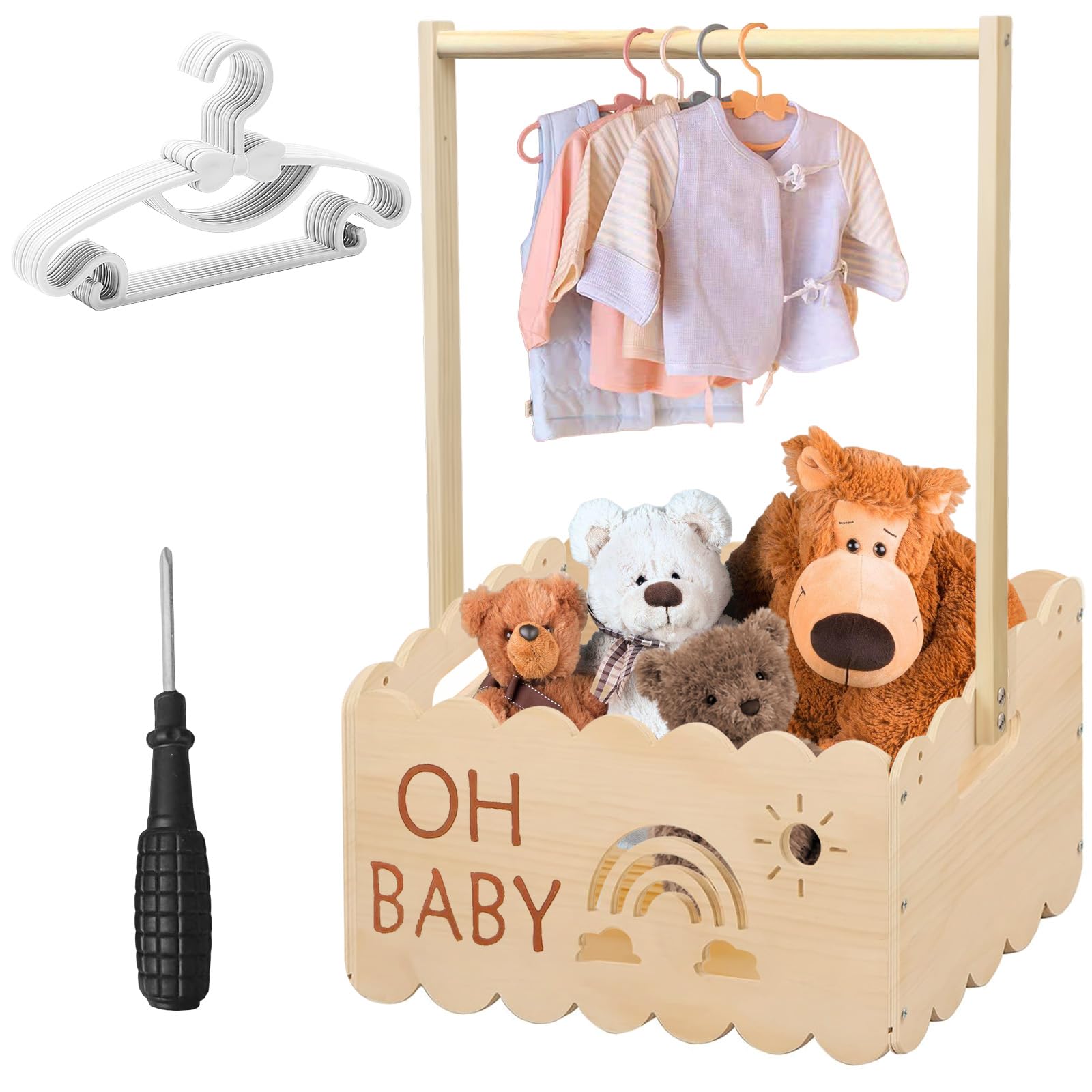 Panier Cadeau en Bois pour Bébé, 34x23x51cm Panier Cadeau pour Bébé avec Poignée, Coffre en Bois pour Fête Prénatale avec Poignée et 8 Cintres, Armoire pour Anniversaires, Fêtes Prénatales, Noël