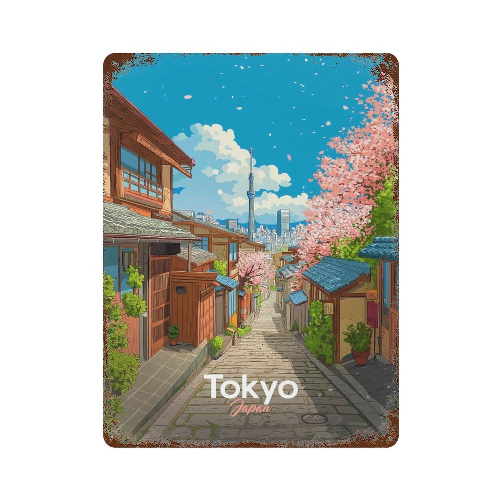 Garage Style Tokyo Street with Cherry Blossoms Aged Metal Wall Plaque 15.7"x11.8", Decorative Metal Wall Art for Bar And Workshop