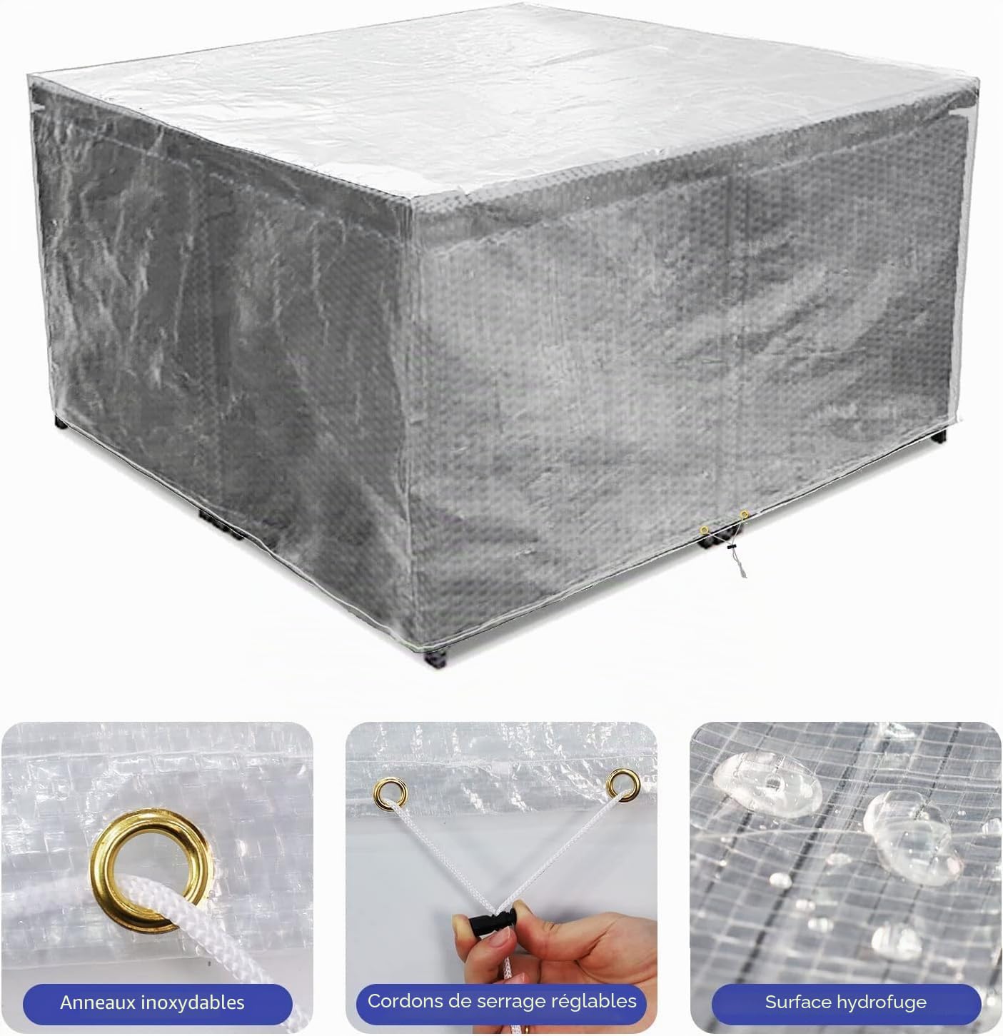 RICHIE Housse de protection pour meubles de jardin, imperméable, anti-UV, respirante, en polyéthylène, pour tables de jardin, meubles de terrasse, rectangulaire, transparente, 180 x 120 x 71 cm