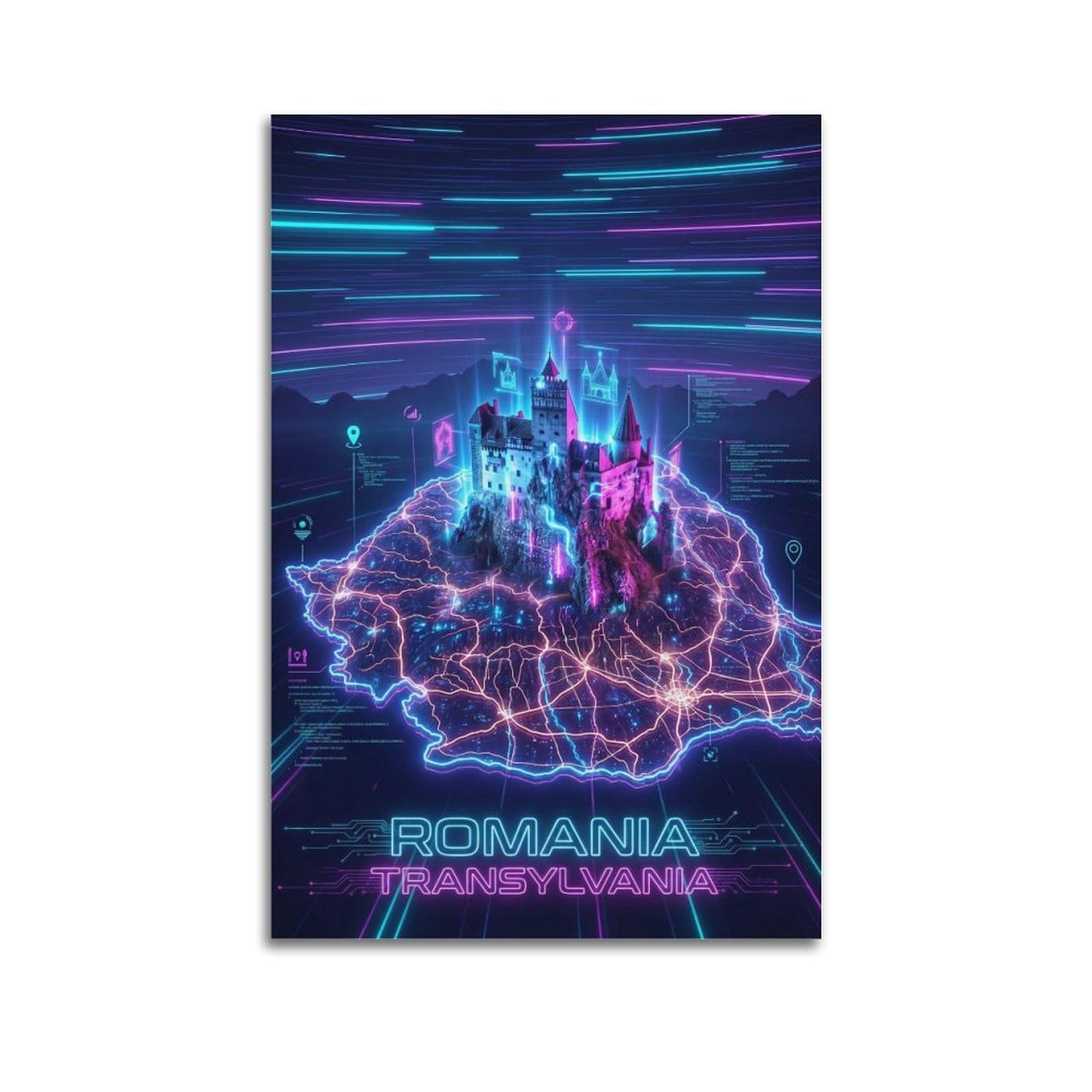 XKUGA Retro Neon Map Gamer Room Poster Romania Modern Decorative Canvas Prints - Ideal Wall Art for Family, Man Cave, Game Room, Boys & Girls Bedroom 16x24inch(40x60cm)