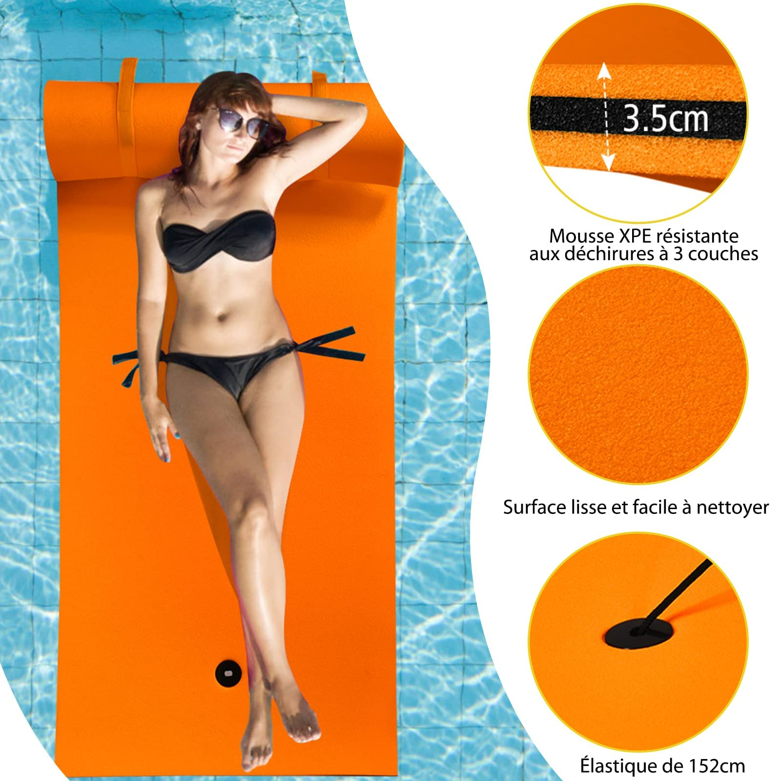 RELAX4LIFE Materasso Galleggiante Singolo, Stuoia Galleggiante in Schiuma XPE Morbida e Liscia, Lettino d’acqua Imbottito Prendisole, per Mare e Piscina, 210x66x3,5 cm (arancione)