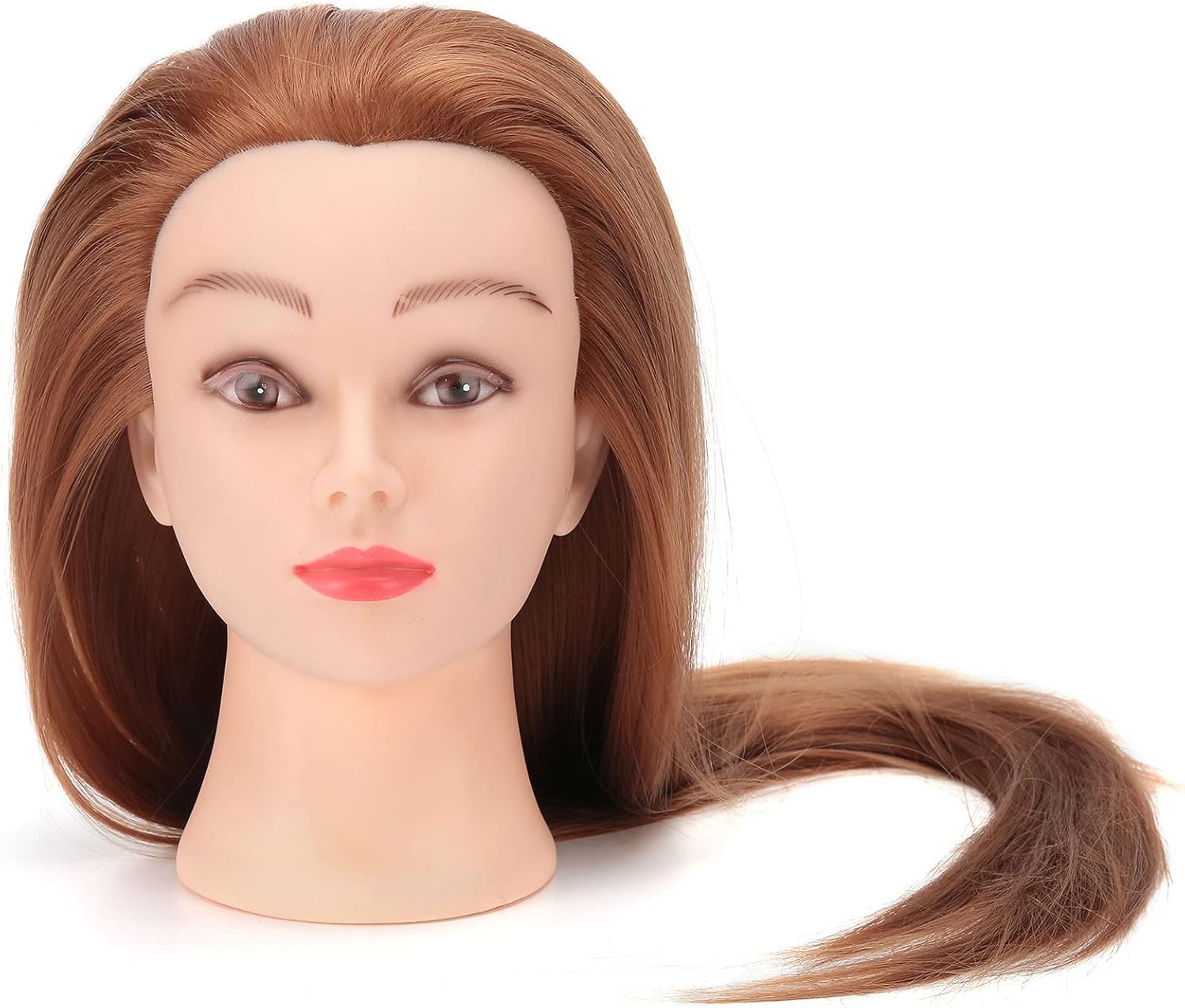 Synthetic Fiber Hairdresser Training Head, Cosmetology Doll Head with Thick Brown Hair, Heat Up to 120°C, Includes Table Clamp Stand for Styling Practice