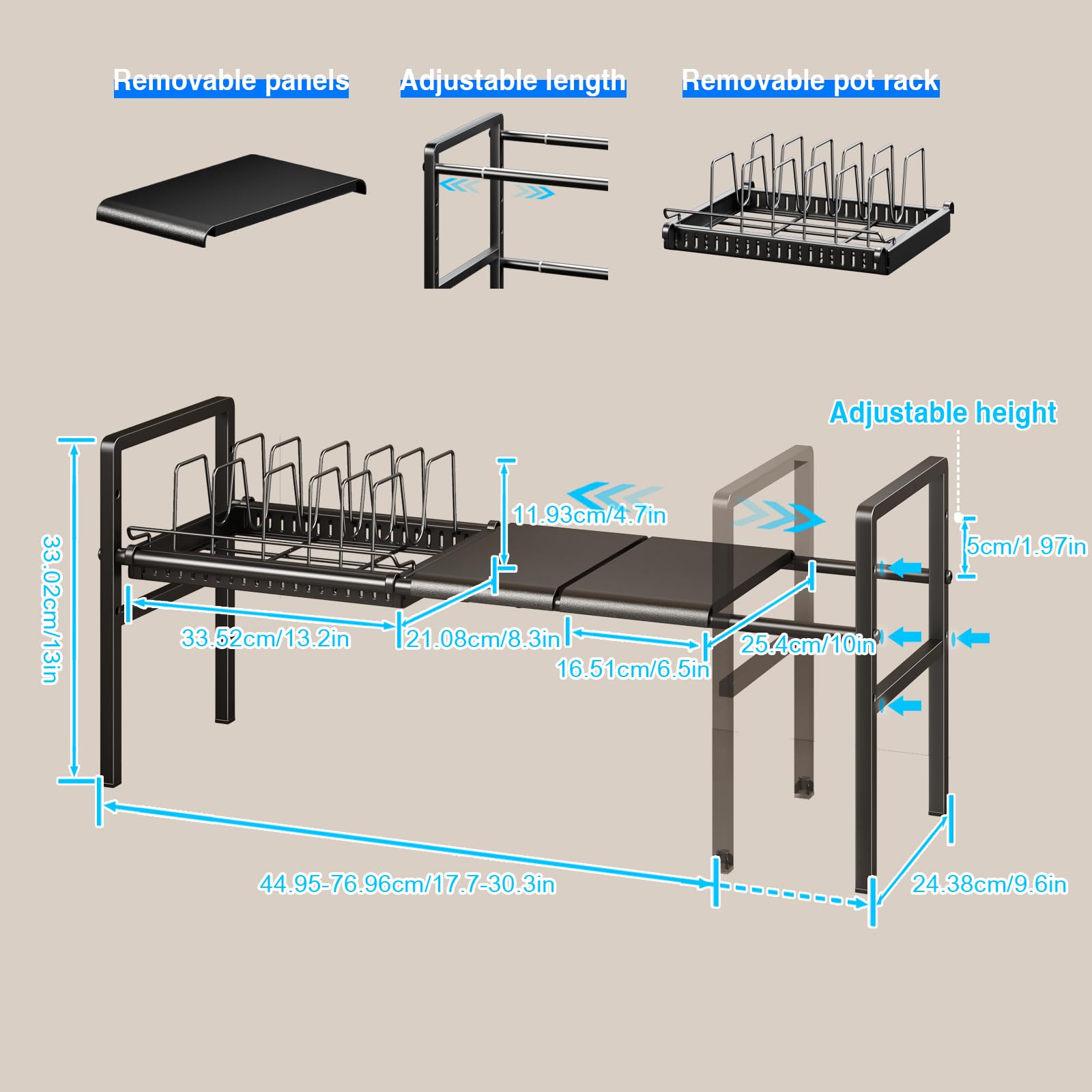 Mustorn Range Couvercle Extensible, 1 Niveau Rangement Casserole, Hauteur Réglable Rangement Poele Et Casserole Placard, Porte Couvercle, Supports à Casseroles Avec 6 Séparateurs(Noir)