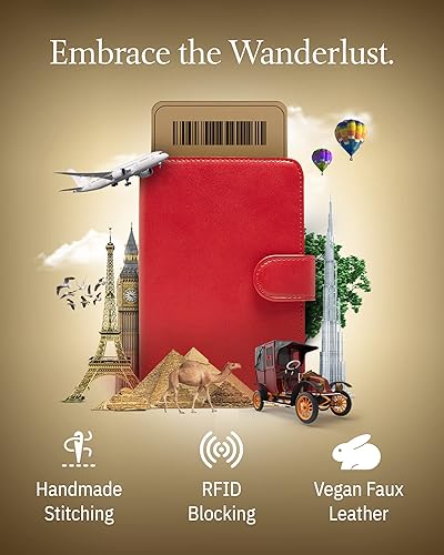 Miniatura 2 de Funda para pasaporte con bloqueo RFID, funda de cuero hecha a mano para pasaporte, organizador de documentos de viaje para hombres y mujeres, Rojo