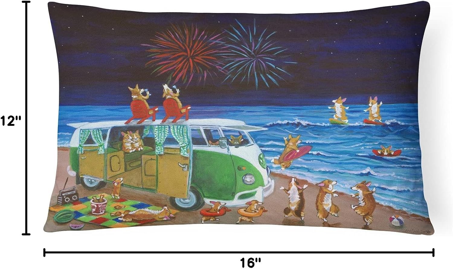 Caroline's Treasures 7317PW1216 Corgi Beach Party Volkswagon Bus Fireworks Canvas Fabric Decorative Pillow Machine Washable, Indoor Outdoor Decorative Pillow for Couch, Bed or Patio, 12HX16W
