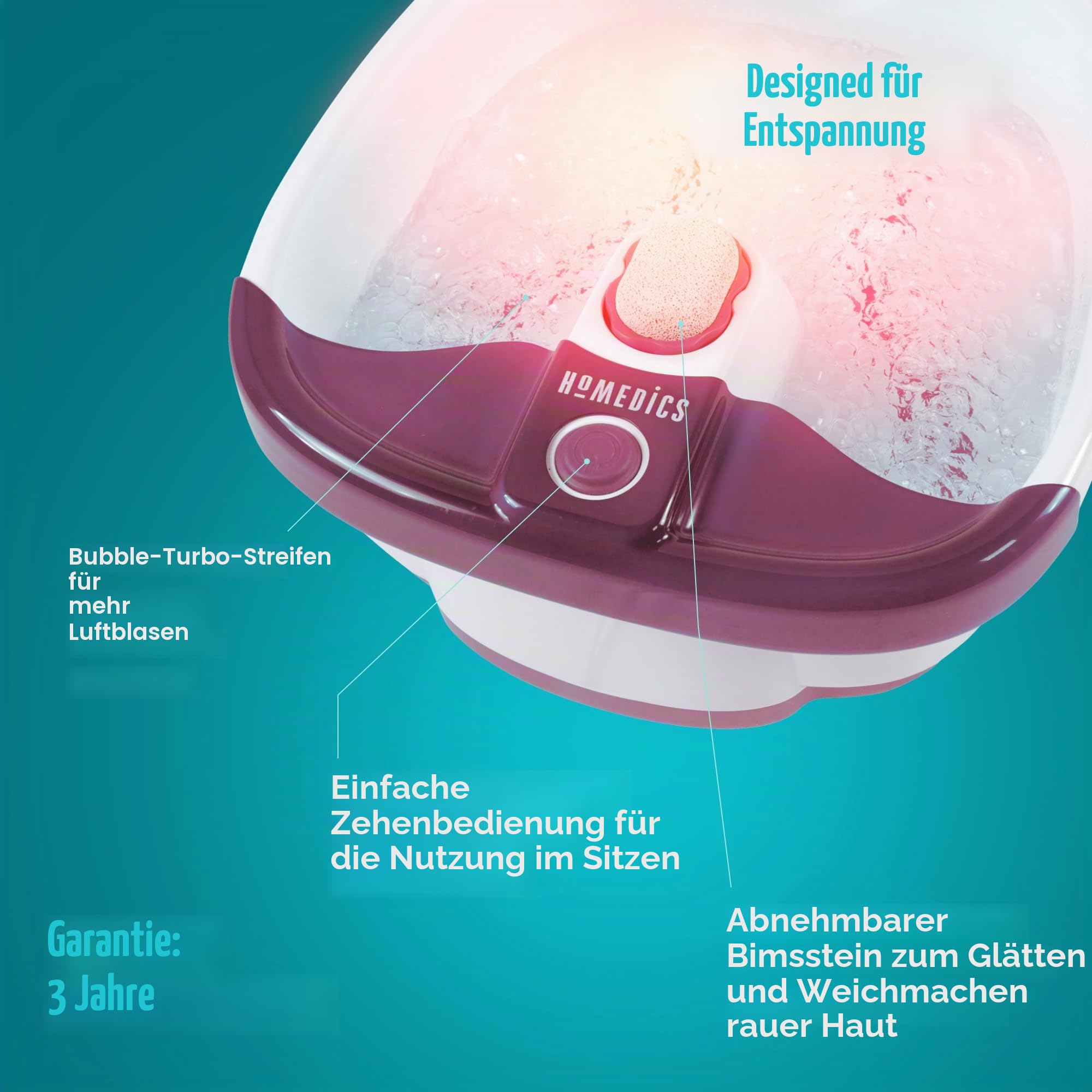 HoMedics Fußbad mit Massagefunktion, Fußbadewanne mit Massage und Wärmefunktion - Fußsprudelbad mit beruhigender Fußmassage, Warmhaltefunktion & Pediküre Bimsstein zur Fußpflege