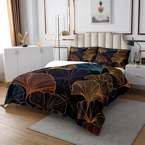 Miniatura 3 de Erosebridal Colcha de hojas de ginkgo azul y marrón con hojas de ginkgo biloba acolchada para niños y niños, juego de colcha botánica Queen estilo