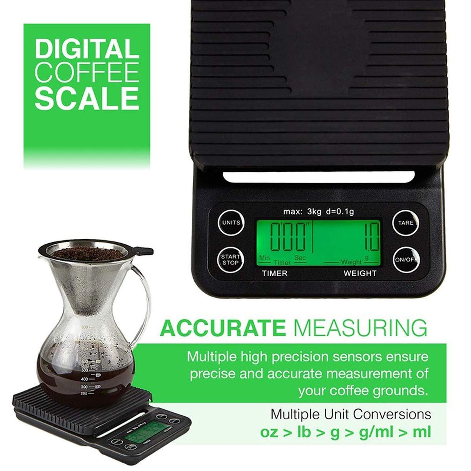 Bilancia da caffè digitale con timer - Ricaricabile 3kg 0.1g