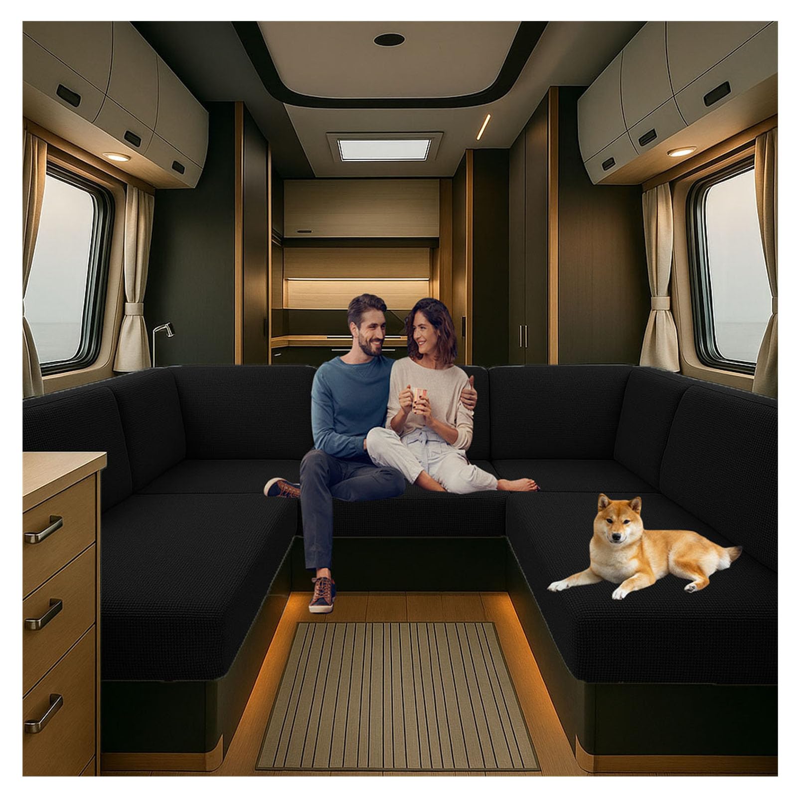 CDPTD Caravan Seat Cover Stretch Jacquard, Pet Friendly Splash-Proof RV Dinette Cushion Covers, Couch Cushion Covers for Camper Sofa Bench (Black,W 145-185 cm, D 45-65 cm)