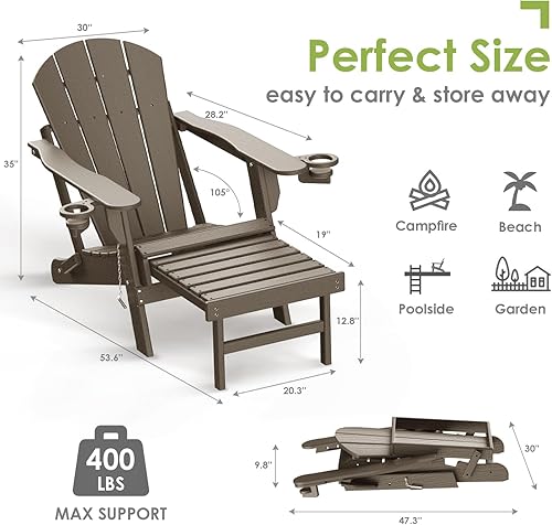 Miniatura 2 de GREENVINES Adirondack - Sillas con otomana  Juego de 2  Grano de madera  Plegable  Reposapiés retráctil  Plástico HDPE  Silla para hoguera para todo