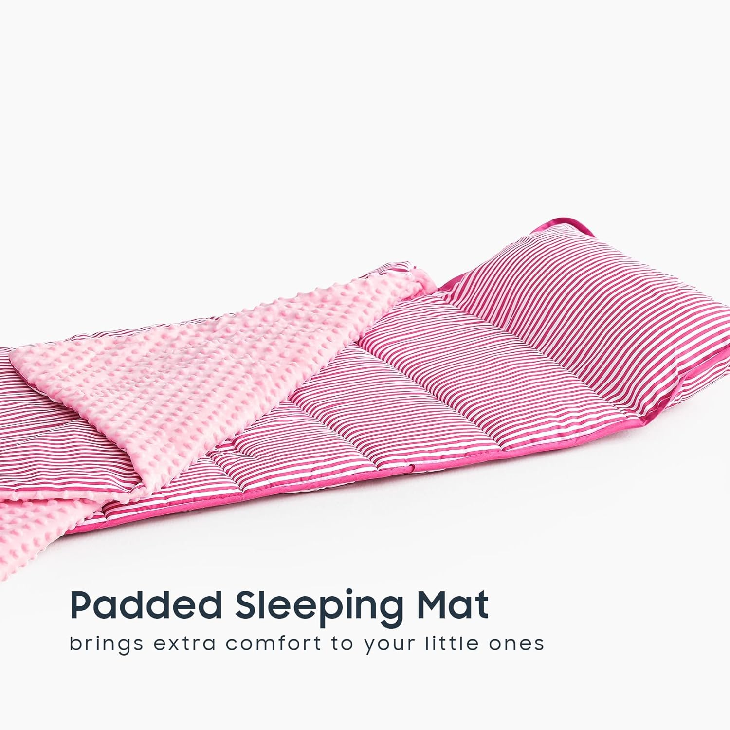 Wake In Cloud - Toddler Nap Mat with Pillow and Minky Fleece Blanket, for Kids Boys Girls in Daycare Preschool Kindergarten, Roll Up Sleeping Bag, Cute Ticking Stripe, Hot Pink White, Standard