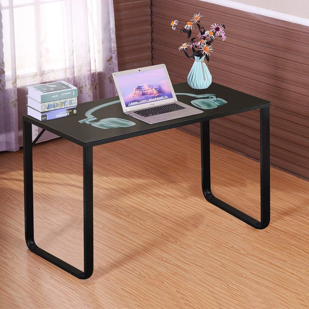 CLIPOP Black Glass Computer Desk PC Workstation Computer Table Home Office Desk with Earphone Pattern and Metal Legs, 105x55x75cm, Rectangle