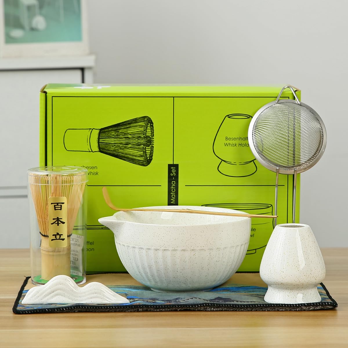 Japan Matcha Set Matcha Whisk Matcha Bowl with Pouring Spout Scoop Matcha Whisk Holder Tea Making Kit. 1 Japanese Tea Set (7pcs),Matcha Color,Color Box Packing, 15.2 Ounce (white)