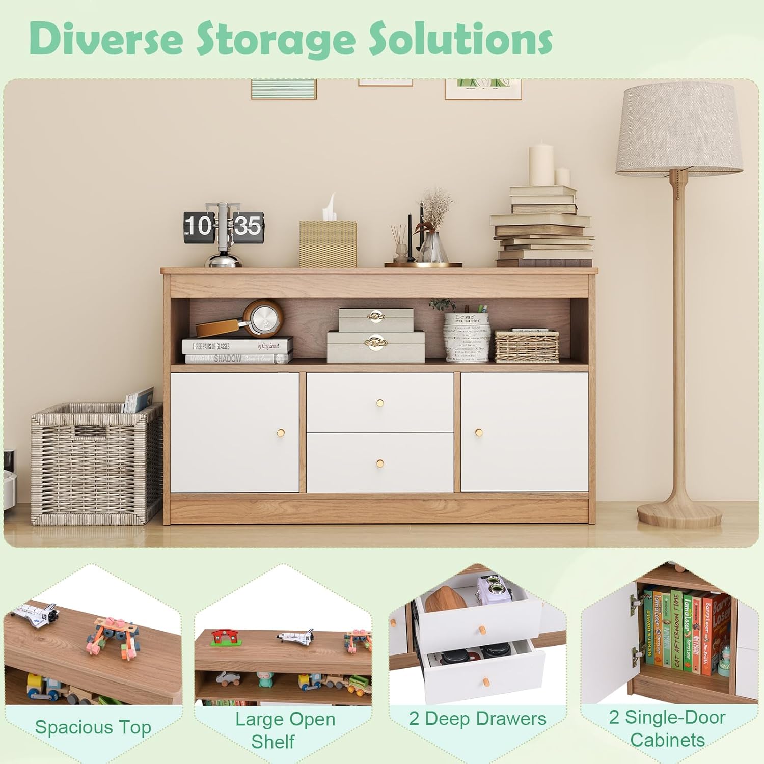 Toy Storage Organizer, Kids Bookshelf with Doors & Drawers, Wooden Cabinet with Open Shelf, Playroom Organization and Storage, Book Shelf for Kids Rooms, Playroom, Living Room (Natural)