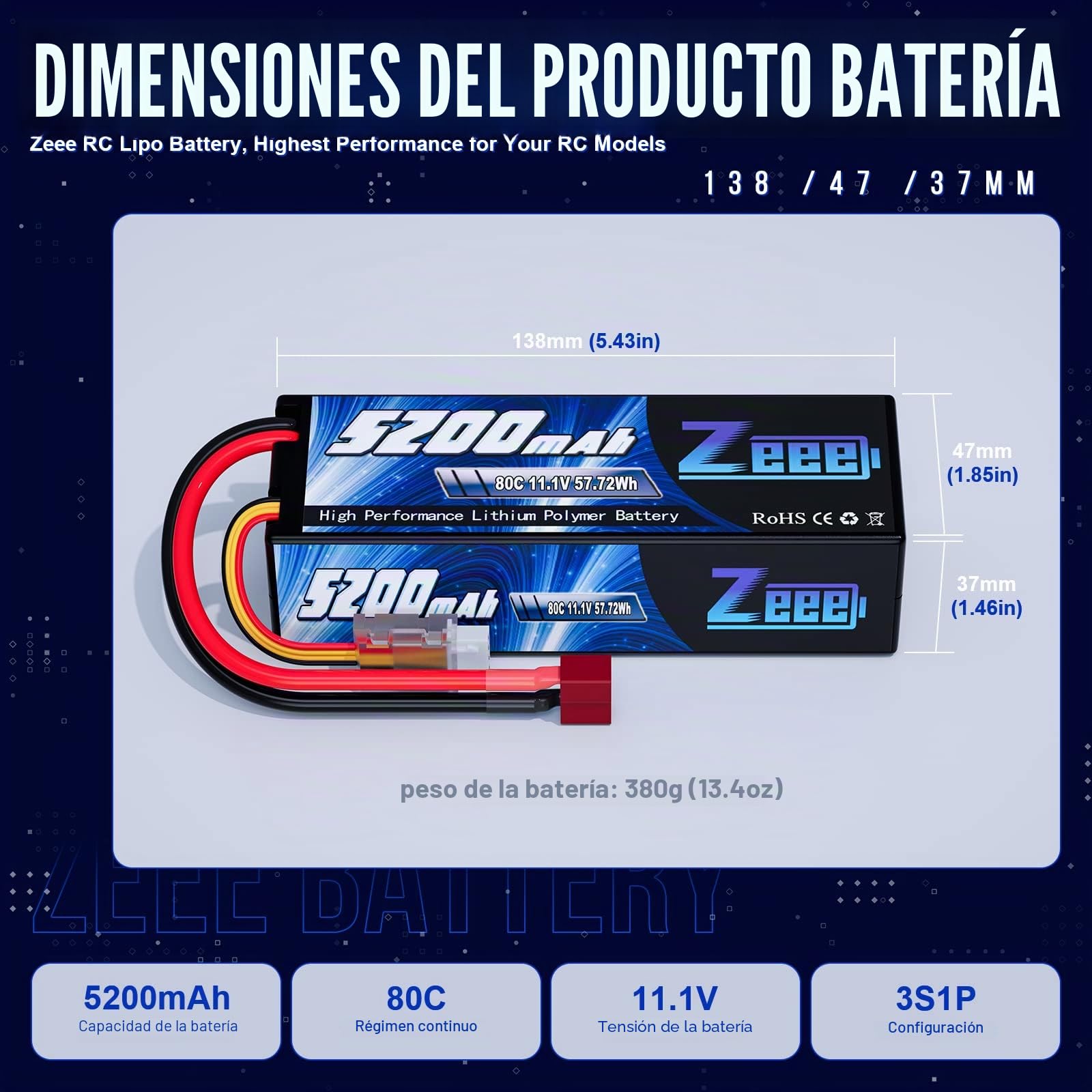 Zeee 3S Lipo Batería 5200mAh 11.1V 80C con T Plug(2 Paquetes)
