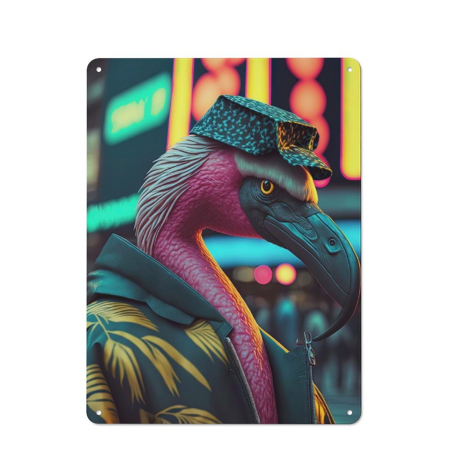 Junmoney Portait Of Flamingo Garage Style Decorative Metal Plaque 40X30cm, Garage Wall Decor For Workshop, Basement, Shed Or Games Room