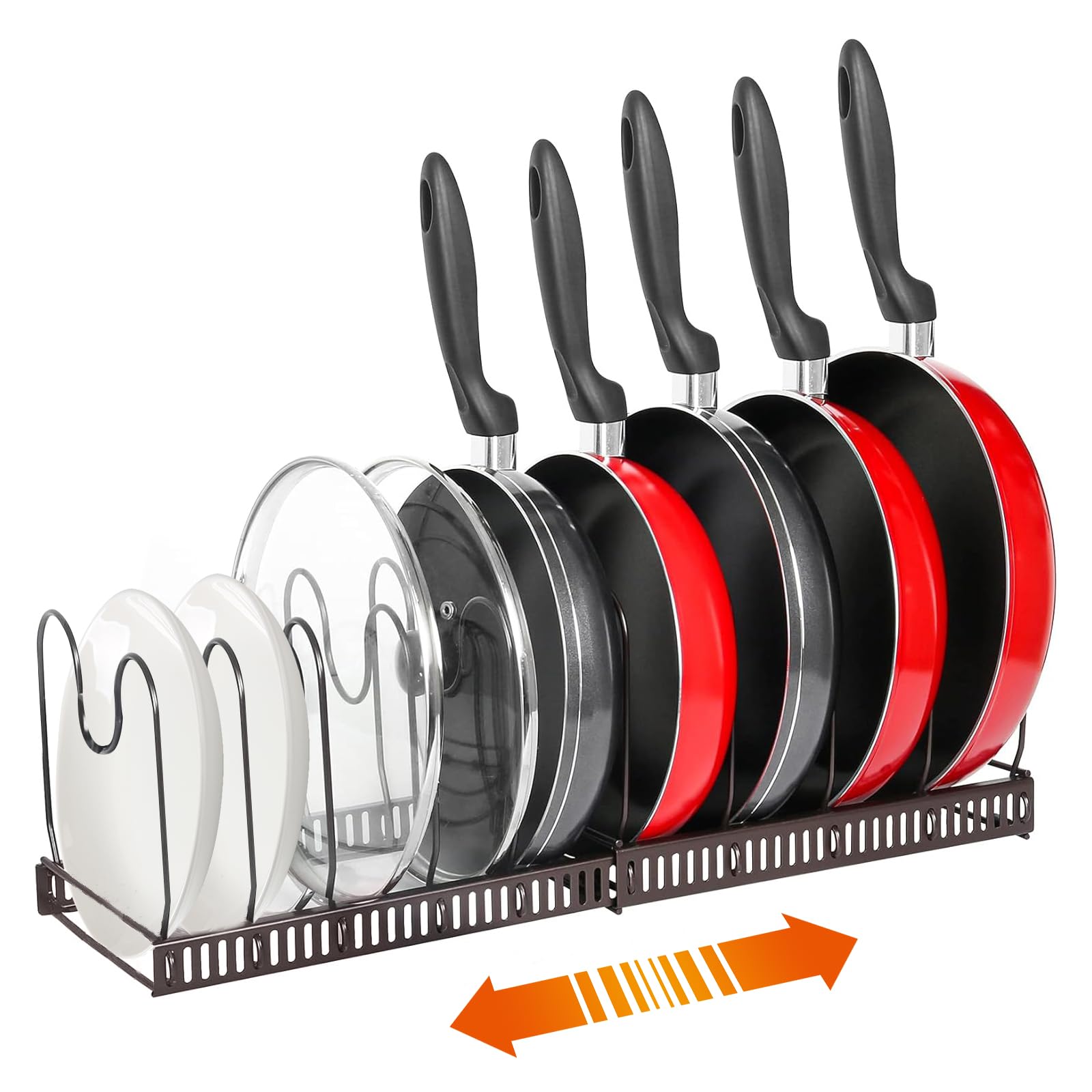 Mythosurge Expandable Pans Organiser Rack, 12 Adjustable Compartments, Pan Lid Holder, Pot Lid Organiser Pan Storage Organizer Rack for Kitchen Cupboard (Brown)