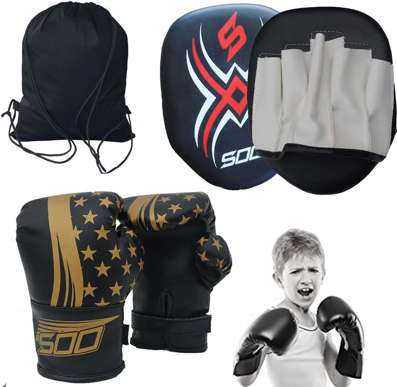 KIds junior Boxing Gloves and Pads Set Pair of Boxing Gloves with Hook and Jabs Mitts Focus Pads, Punching Sets Ideal for Punch Bag MMA Martial Arts Great fun for Chinldren Girls and Boys (Gold/Black)