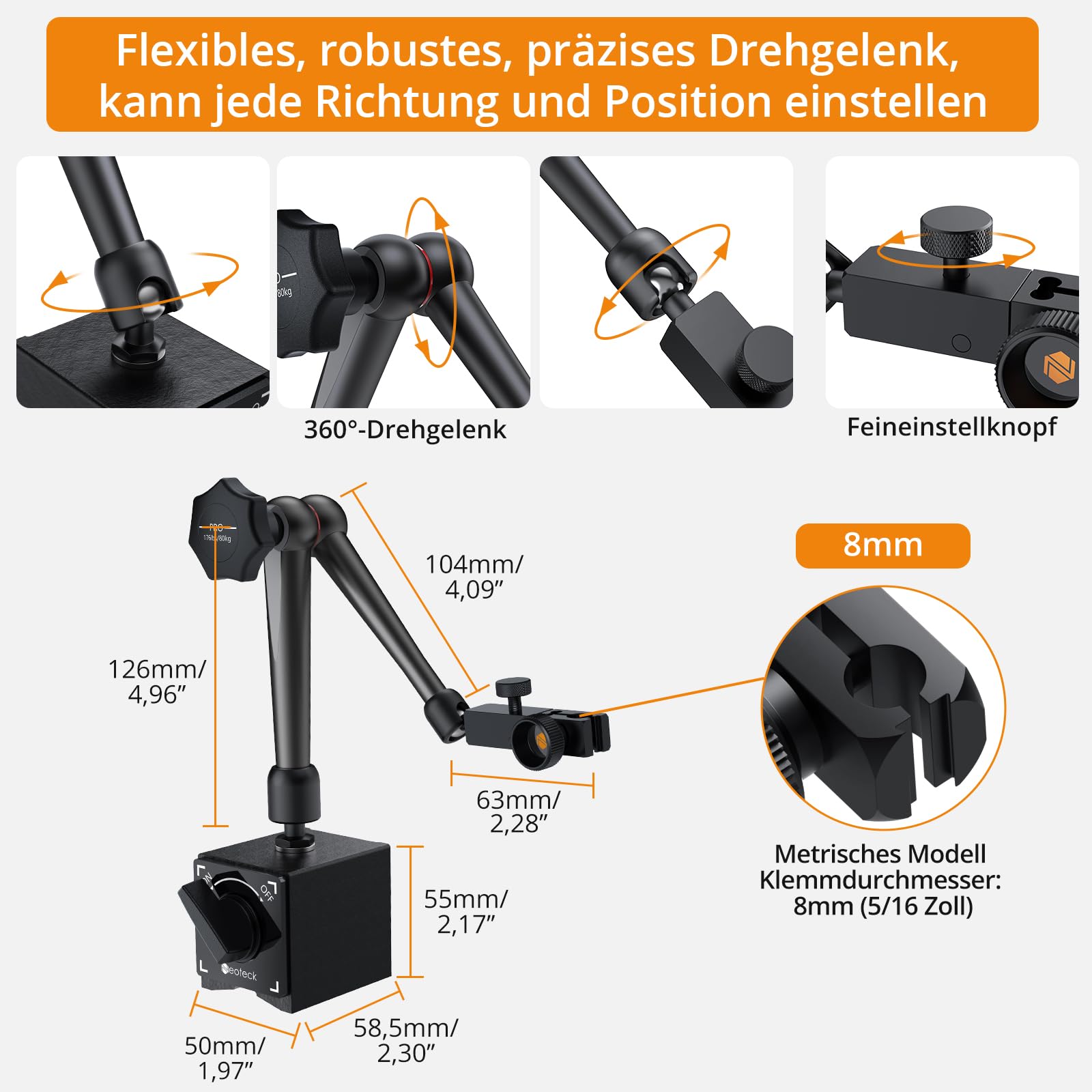 Neoteck Messuhr und Magnetstativ, Messtaster 0-20mm, Zentralklemmung Messuhrhalte für herkömmliche Messuhr - Schwarz