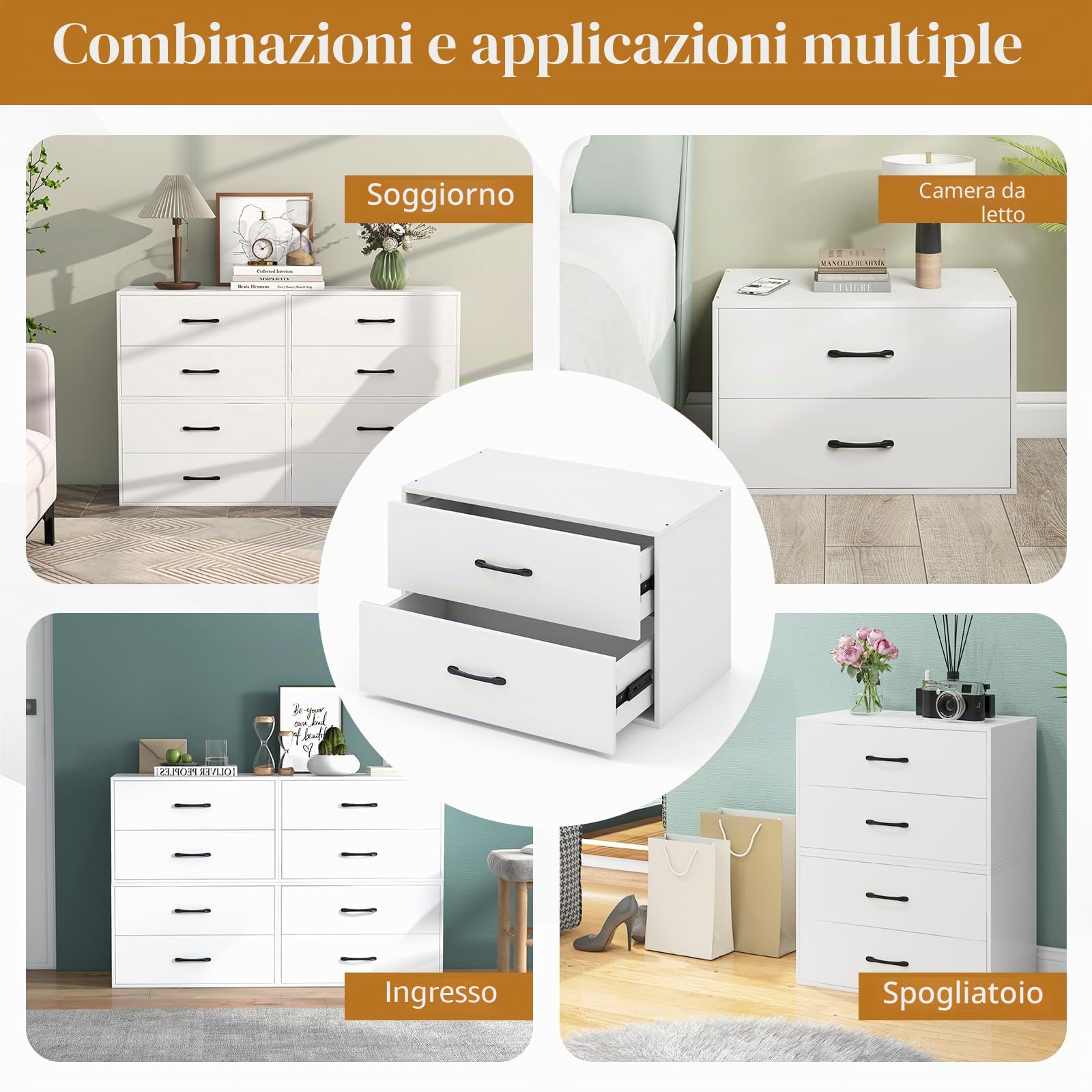 GIANTEX Cassettiera Portaoggetti con 2 Cassetti per Camera da Letto, Mobile in Legno con Kit Anti-Ribaltamento, 4 Tasselli, 60 x 34 x 38 cm, Bianco