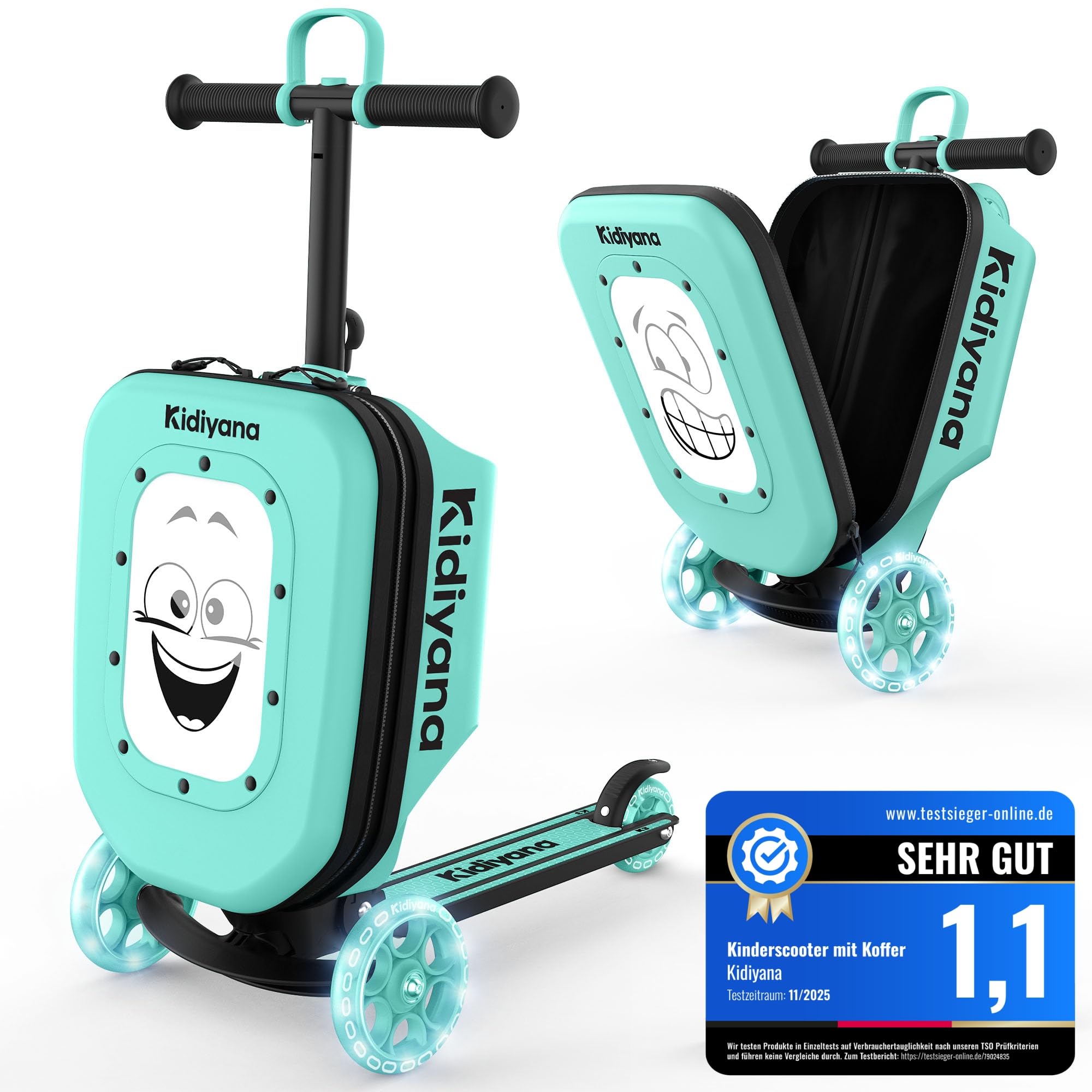 Maleta para patinete, con ruedas LED, manillar ajustable en altura, ventana A5, 7 cm de espacio de almacenamiento, adecuado como equipaje de mano, regalo para niños de 2 a 8 años, color verde