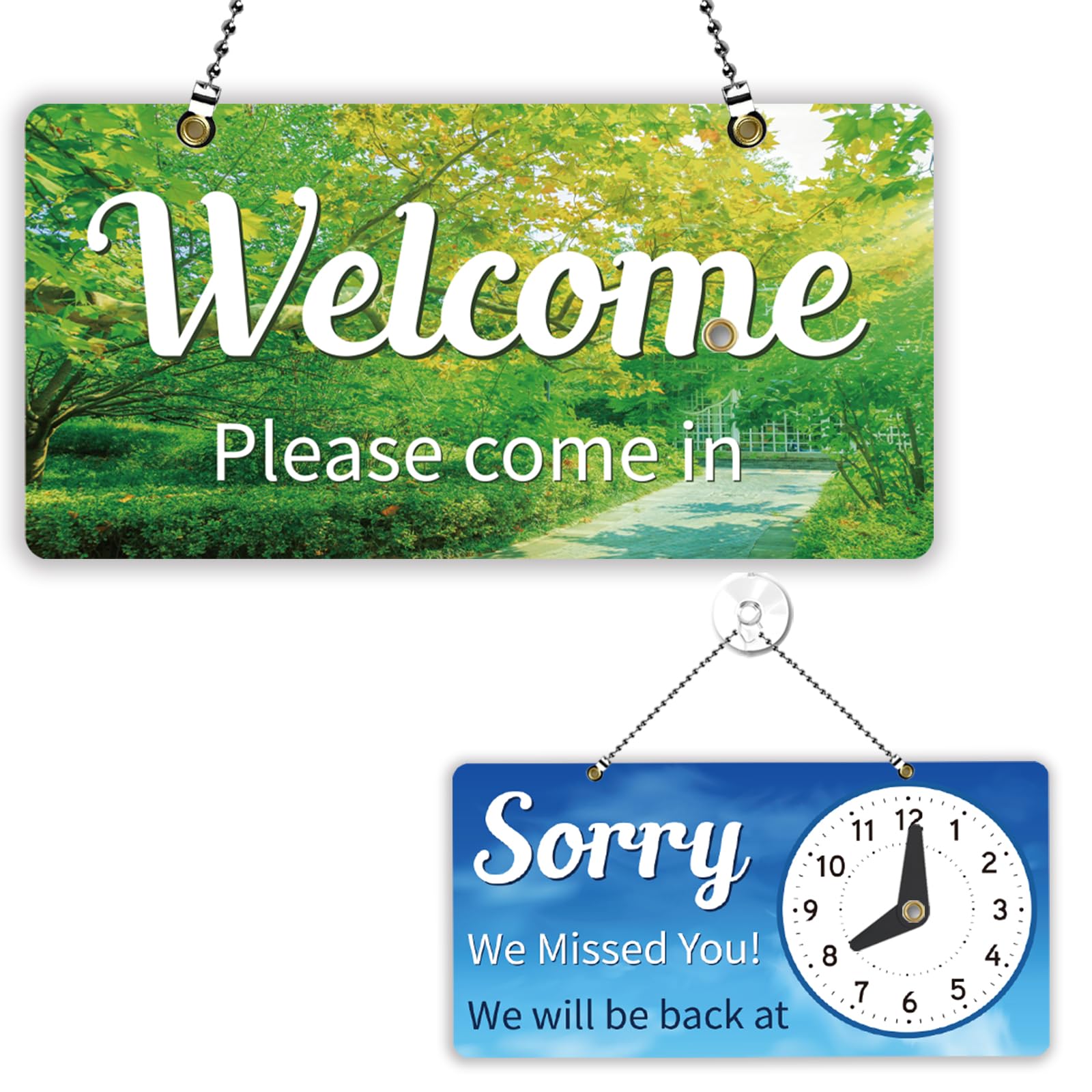 PLIGREAT Landscape Welcome Sign, Double-Sided Open Sign with Clock Please Come In Signs for Business Retail Store Window Wall Decor Hanging Door Signs with Chain, Tree and Sky