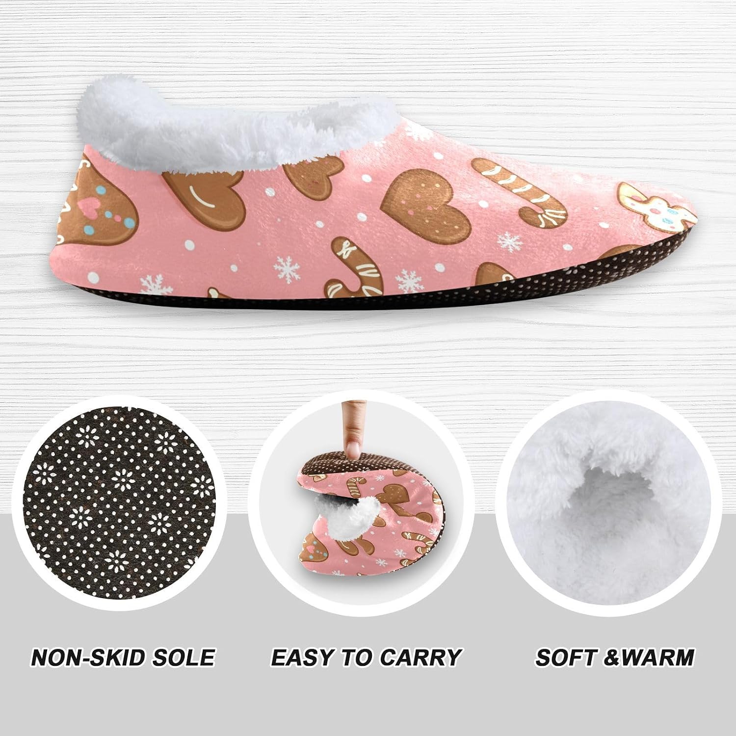 Gredecor Christmas Kids Toddler Slippers for Girls Cute Gingerbread Cookies Snowflakes Pastel Pink Winter Home House Warm Fur Indoor Slipper, 12-13.5