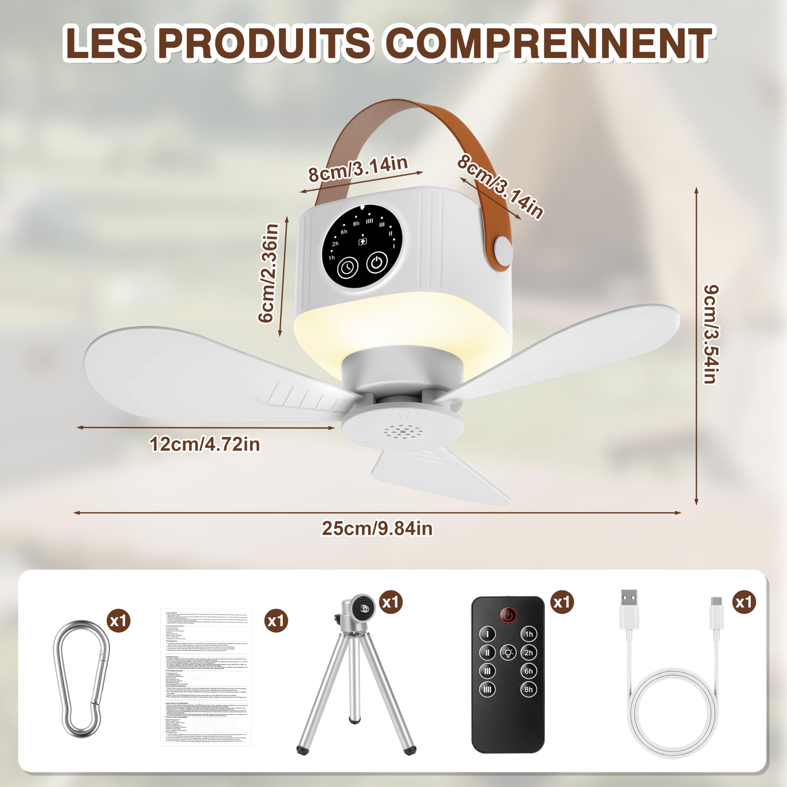 IEEILULU 8000 mAh Ventilateur Plafond Avec Lumiere, L'intérieur Et L'extérieur 35dB Silencieux Ventilateur Portable Rechargeable, Camping 3 in 1 Tischventilator, Ventilateurs De Plafond Et Portable