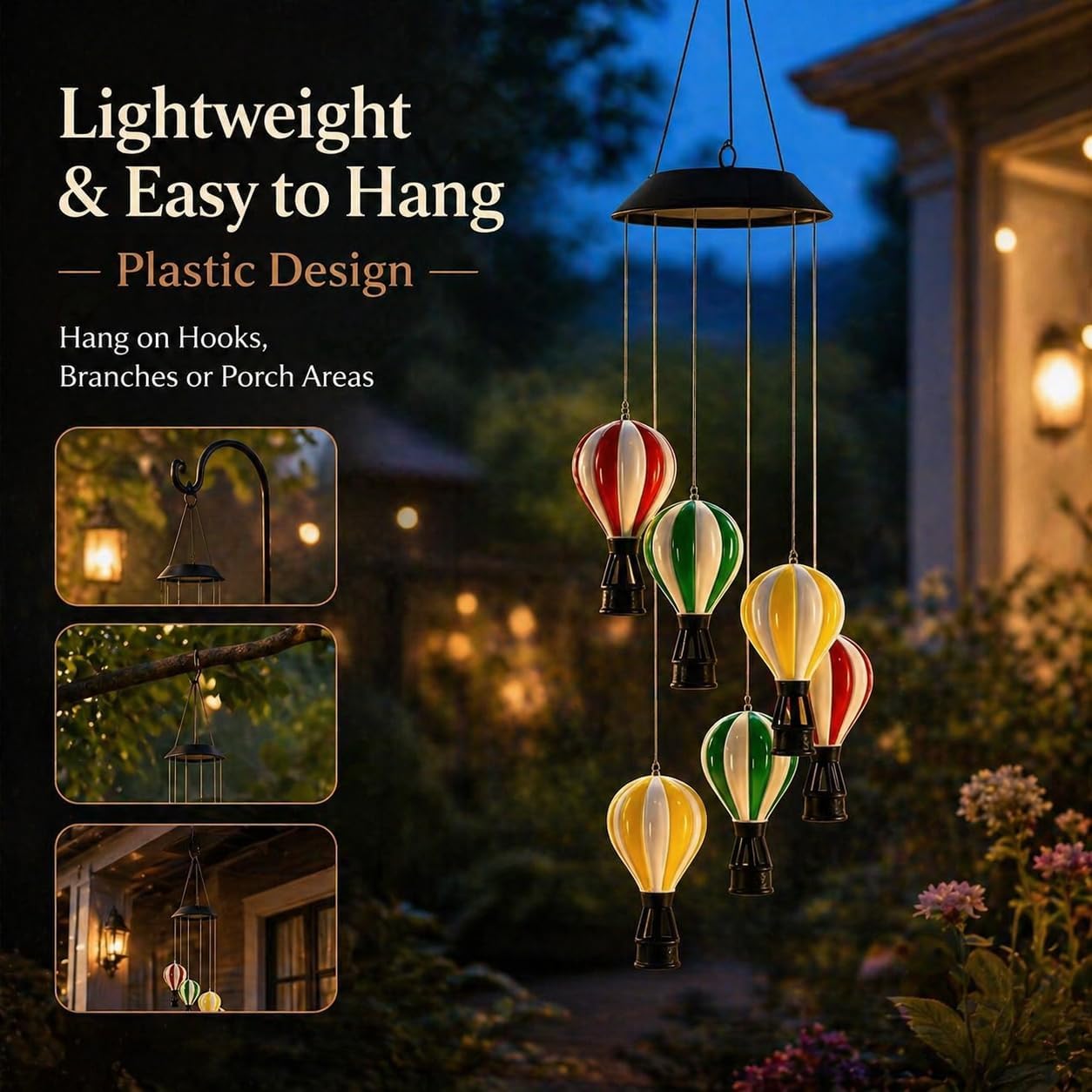 Hot Air Balloon Solar Lantern, Solar Wind Chimes for Outside, Color Changing Hanging Light with Auto On/Off for Garden Patio Porch Backyard, Gift for Women Mom Grandma