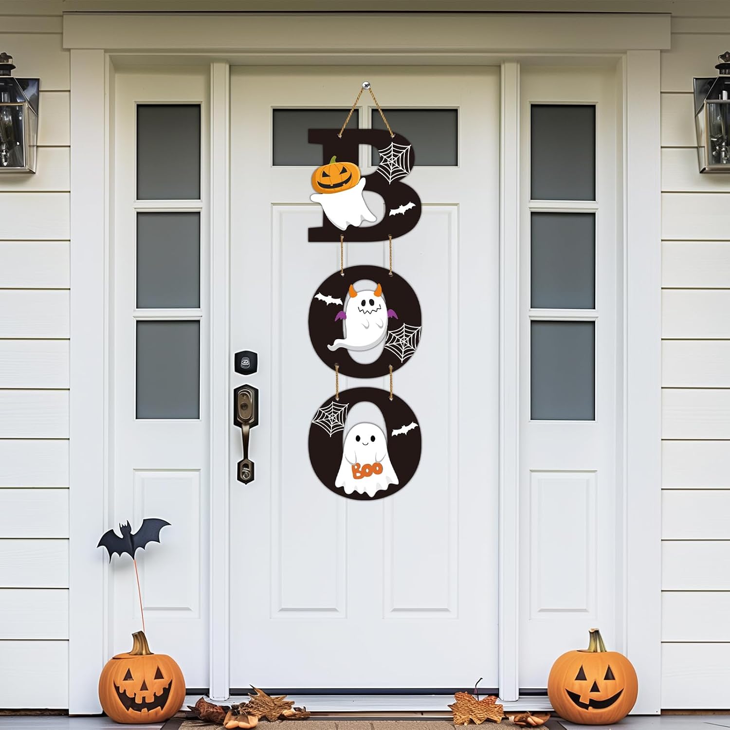 Halloween Door Decorations Halloween Wreath Scary Cute Ghost Decor Boo Sign Bat Spider Web Wooden Front Door Hanger Ghost Hanging Sign Wreath for Wall Indoor Home Decor