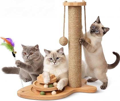 Multifunctional Cat Scratching Post   Scratching Post for Indoor Cats with Widened Solid Wood Base, Two Sisal Rope Balls, Interactive Track & Spring Feather Toy, 43cm Tall.