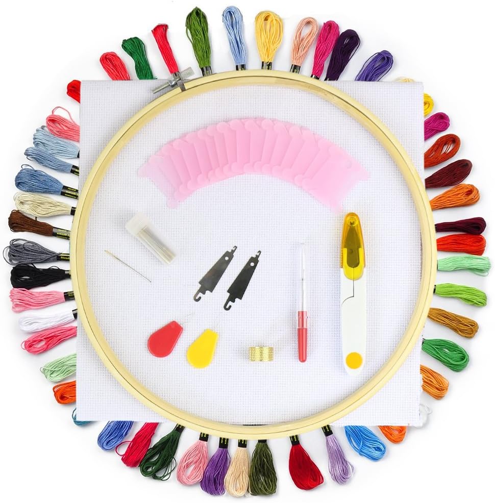 80 pcs Hand Embroidery Kits Cross Stitch Tools Including All Essential Embroidery Supplies-50 Coloured Threads, Bamboo Embroidery Hoop, 14 Count Aida and Other Materials