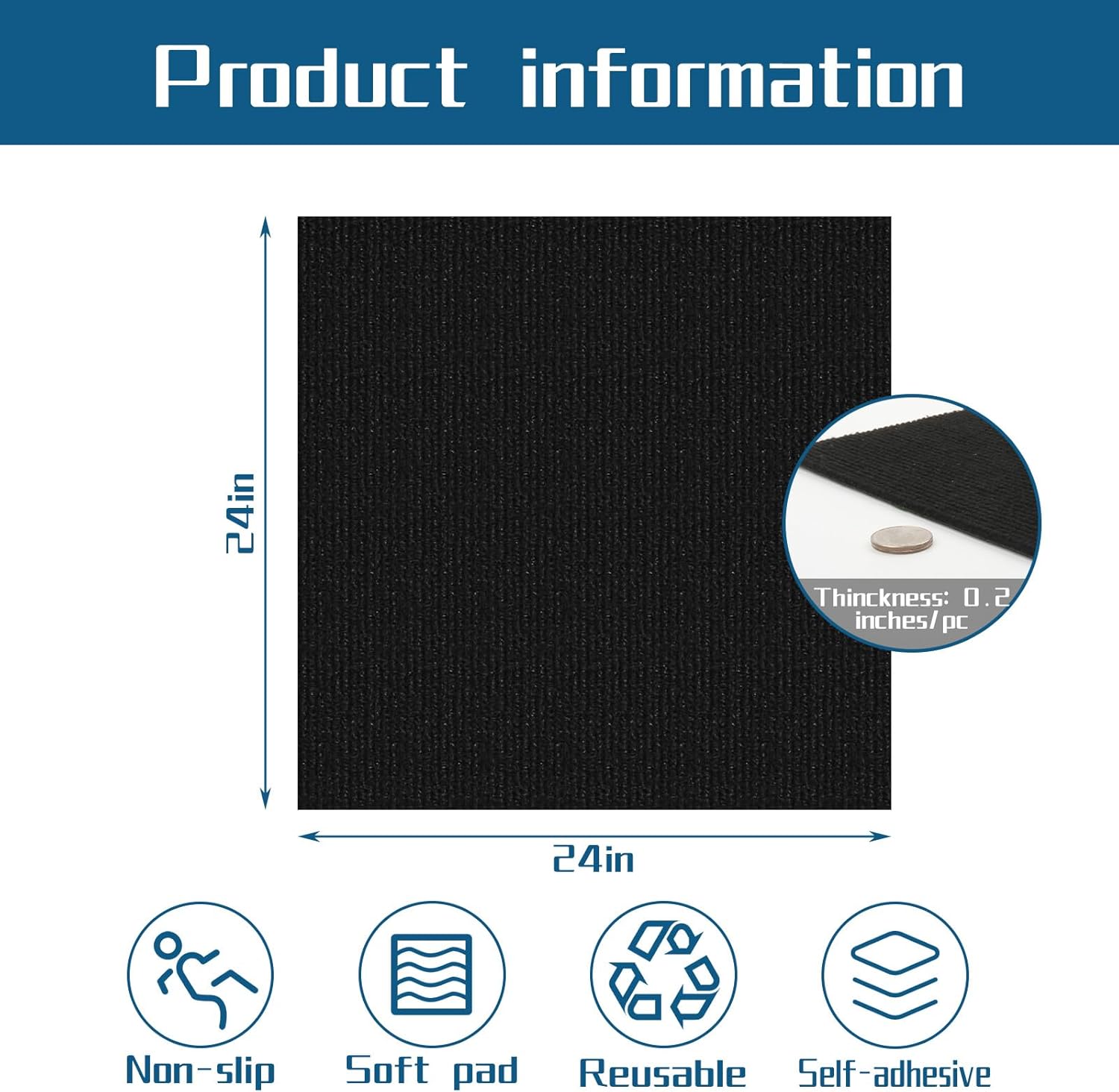 peel and stick carpet squares 24" x 24", self adhesive non-slip carpet tiles, peel and stick soft padded carpet tiles for kitchen bedrooms indoor outdoor(20 tiles/80 sq ft) 20 pack black