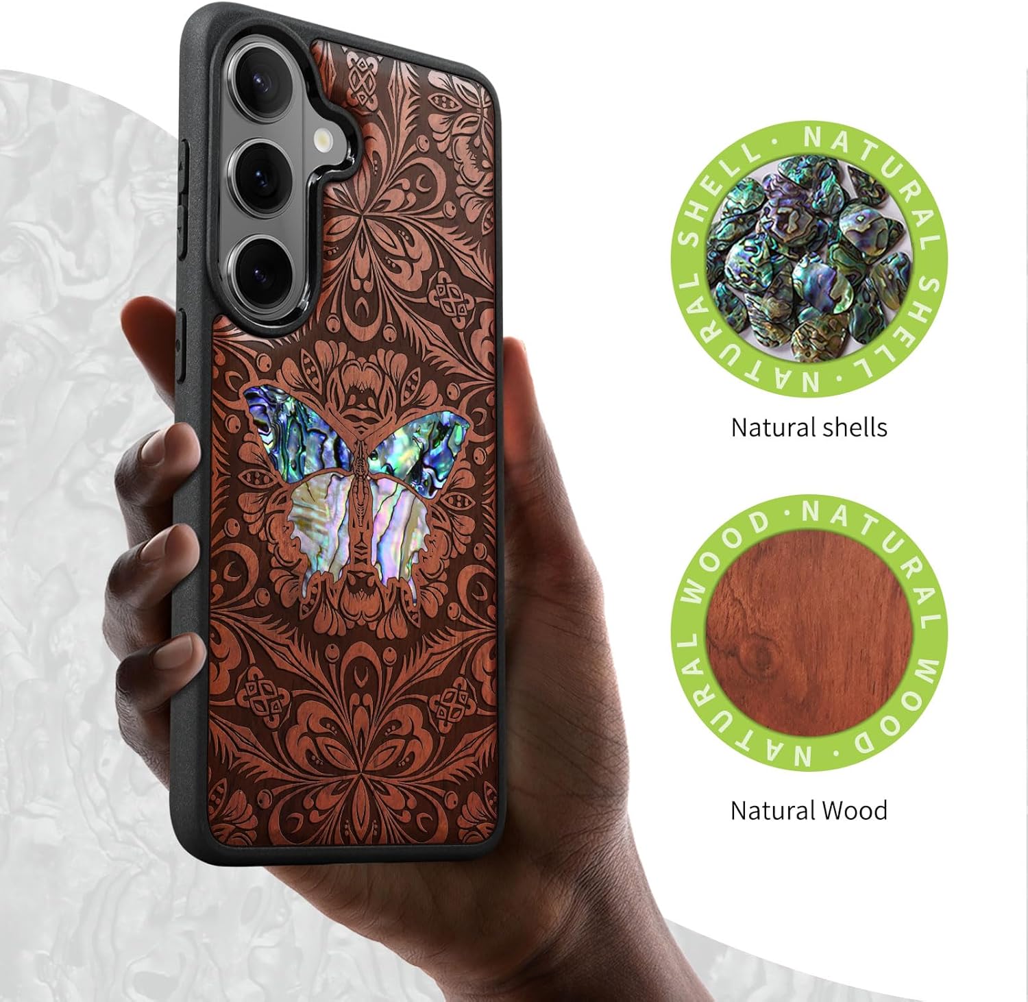 Carveit Magnetic Wooden Case for Galaxy S26+ / S26 Plus Case, Wood Artisan Engraved & Handmade Shell Inlaid, Compatible with MagSafe Wireless Chargers (Baroque Butterfly) Rosy