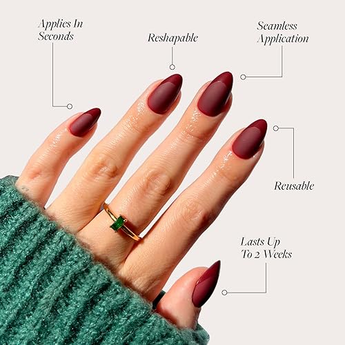 Miniatura 3 de Glamnetic Uñas a presión Merlot  Uñas cortas de color rojo oscuro almendra con puntas francesas brillantes en un acabado mate  15 tamaños  Kit de 30
