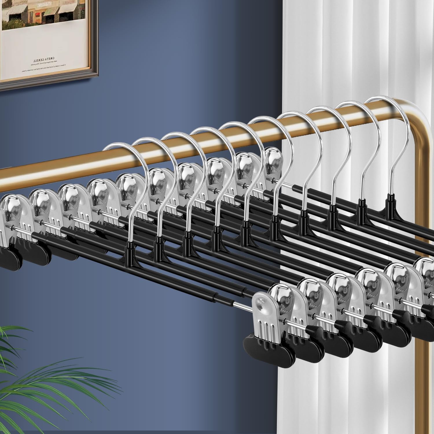 Clothes Pants Hangers with Wide Clips 20 Pack,Non-Slip Adjustable Skirt Hanger for Women,Space-Saving Heavy Duty Men Hangers for Pants,Trousers,Jeans,Shorts 12Inch Black 20 Black