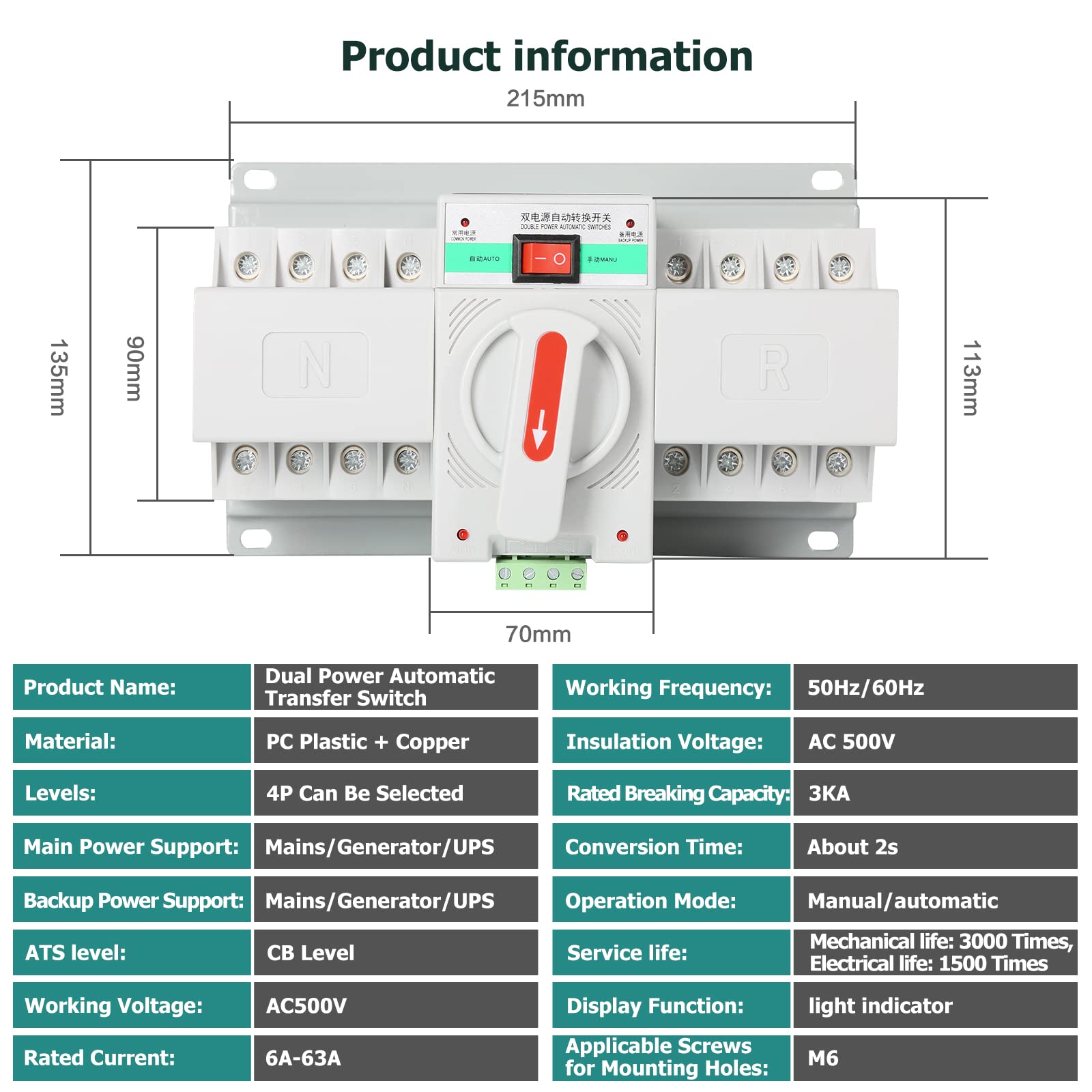 Jadeshay Automatische Omschakelaar, Dual Power Automatische Transfer Schakelaar Dubbele Schakelaar voor Gemeentelijke Elektriciteit (63A/4P 400V