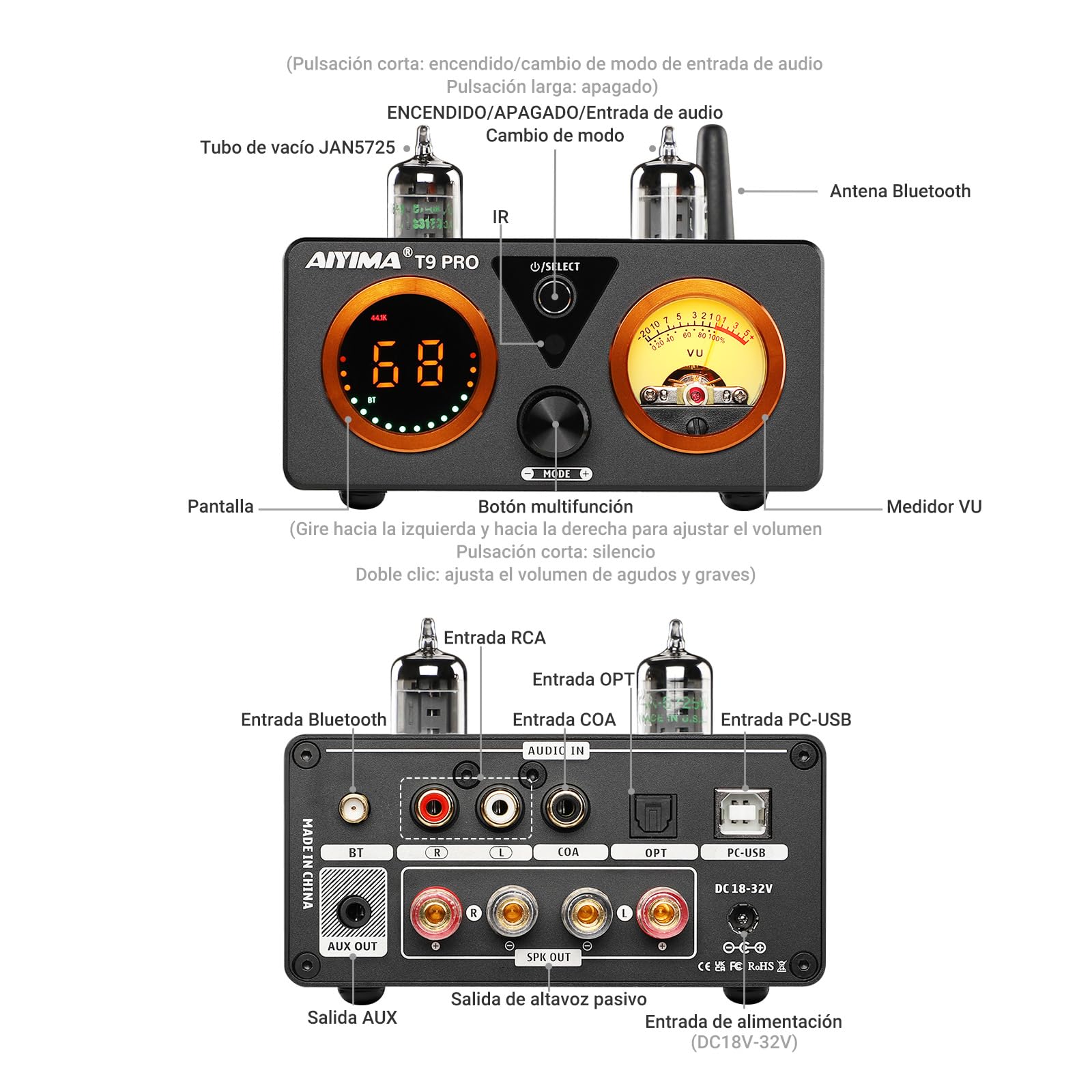 Amplificador de válvulas AIYIMA T9PRO JAN5725 100 W x 2 TPA3250 Estéreo USB DAC Amp QCC3040 Bluetooth aptX HD COAX/OPT Amplificadores digitales de audio doméstico Hi-Fi con medidor VU