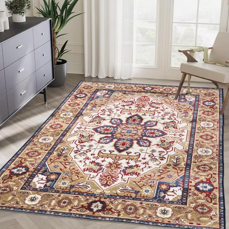 Grand tapis de salon bleu bohème vintage lavable pour chambre cosy